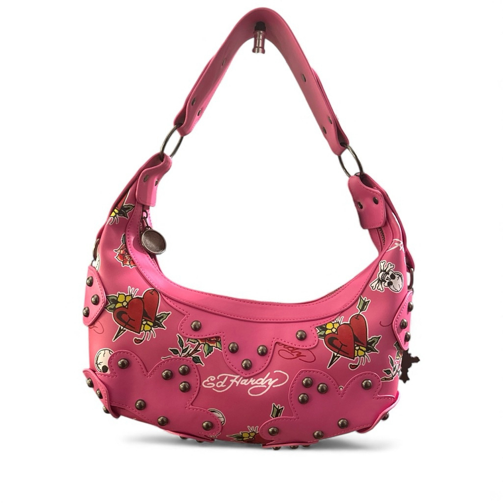 Ed Hardy Candy Pink Skulls Hearts & Roses Small Studded Hobo Shoulder bag charms